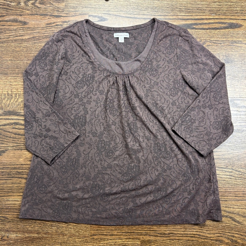 Coldwater Creek Blouse Plus 2X Brown Floral Damask Knit 3/4 Sleeve Scoop Neck